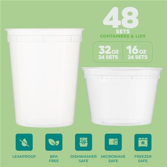 Food Containers with 54 Lids -(48 Sets) 24-32 Oz Quart Size & 24-16 Oz Pint Size - Picture 2 of 7
